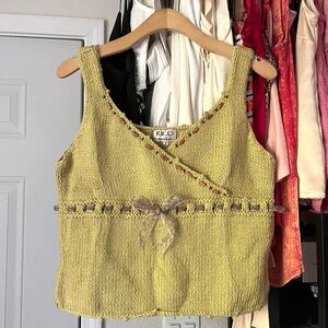 NWT RICO hand knits green chunky boxy cropped beaded organza bow tie tank
